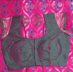 Pink Brocade Silk Sari with Stitched Grey Blouse (Size 38)