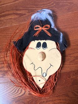 Vintage Halloween Wooden Witch Wall Hanging Decor Folk Art Raffia Hair Burlap