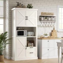 New assembled 76" Tall Farmhouse Kitchen Pantry Cabinet, Kitchen Hutch Bar Cabinet with Drawers & Shelves, Large Wood Storage Cabinets with Barn Doors