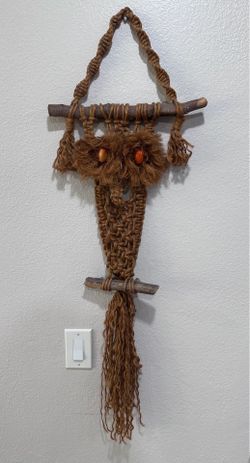 Vintage 1970s Large Macrame Owl Wall Hanging 46" Jute Fiber Art Boho Mid Century