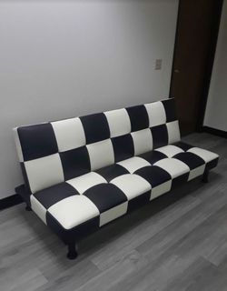 Brand New Black & White Checkered Leather Tufted Futon