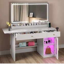Vanity Desk with Large Mirror and Lights, 39.4" Glass Top Makeup Vanity with RGB Cabinet Drawers Power Outlet 3 Color Light Modes Brightness Adjustabl