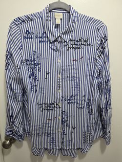  Chico's Sz 1 Long Sleeve Blouse Shirt White Blue Stripe Hi Low Heels Martini