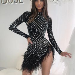 Fashion Nova Black Embellished Mesh Feather Mini Dress ✨