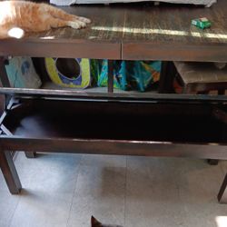 Soild Wooden Oak Kitchen Table With Piano bench and 3 chairs.