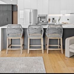 Set of 3 Designer Coastal Bar Stools (Retail $700 Each) – Woven Rope 