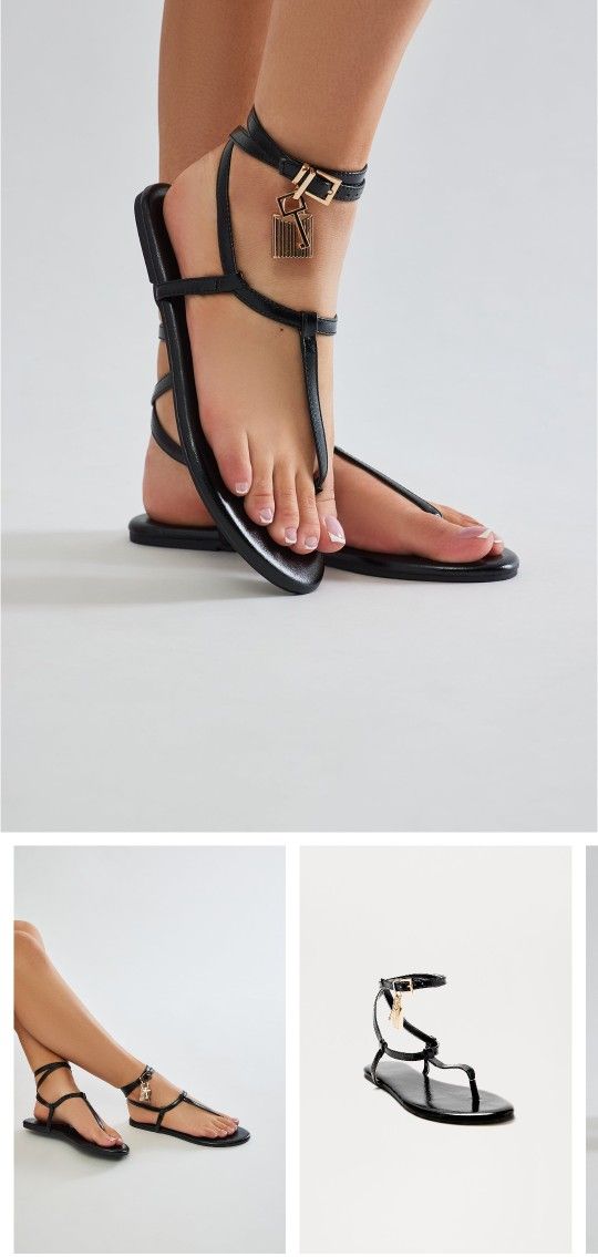 Gold Lock Charm Black Sandals