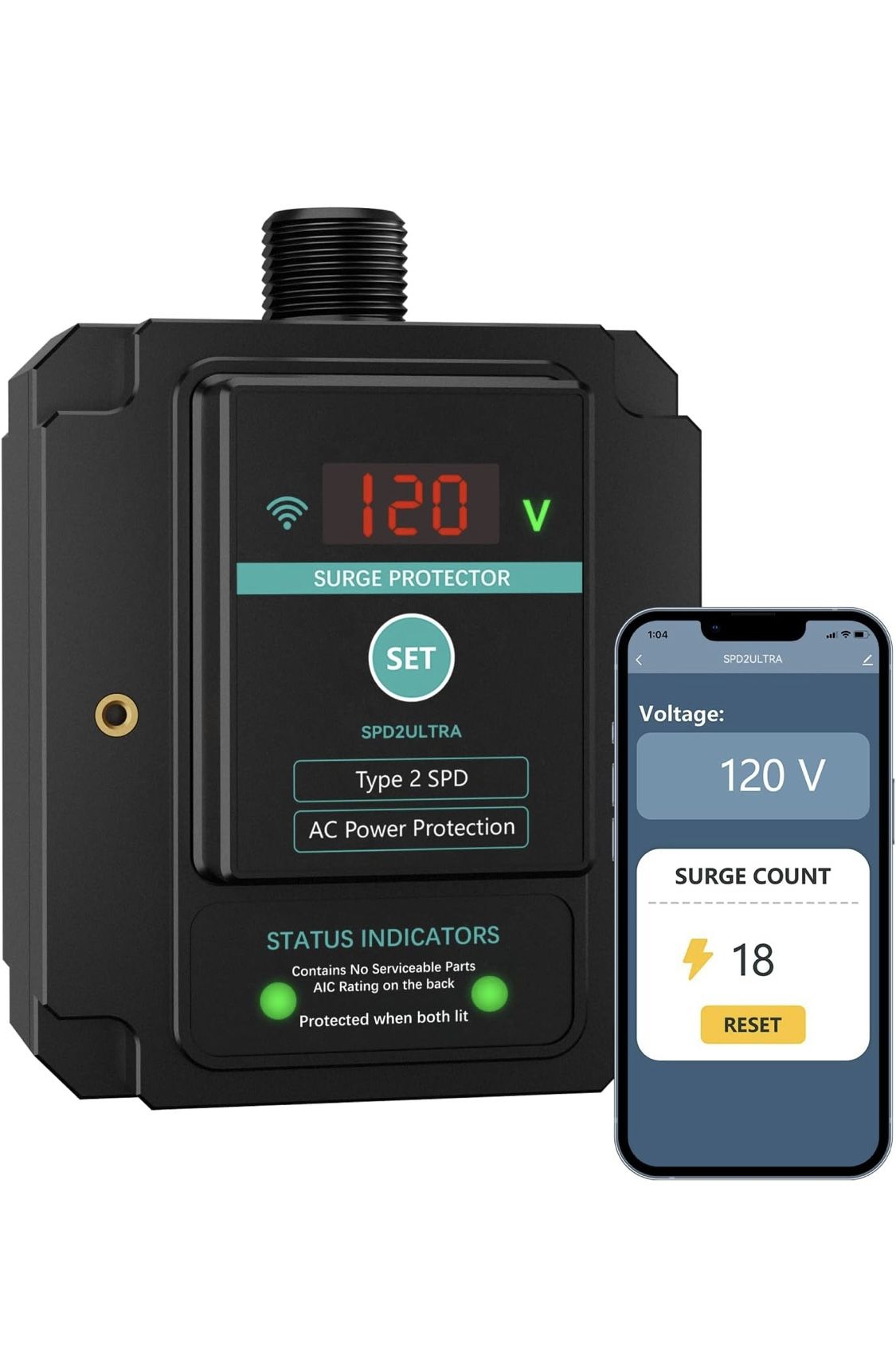WiFi Whole House Surge Protector, 108,000 Amps/Phase, 2820 Joules (Total), Thermally Protected Metal Oxide Varistors, Surge Times,Check Surge Times an