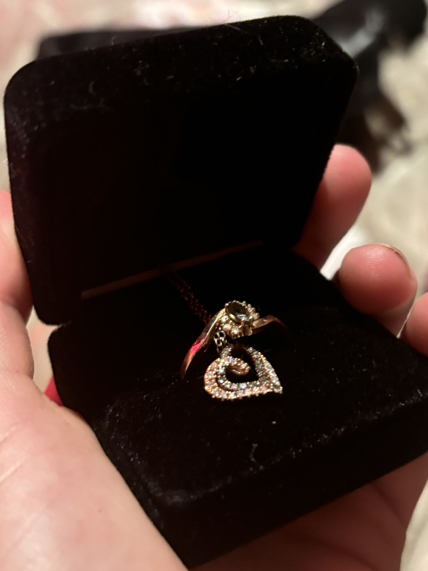 Brown + Clear Diamond & Rose Gold Heart Shaped Pendant & Oval Cut Quartz + Diamond Rose Gold Ring