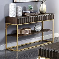 Brand New Modern Brown Walnut Wood And Gold Steel Frame With Concealed Drawers Sofa Table Entry Table