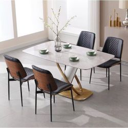 BV Dining Chairs Set of 4, Mid Century Modern PU Leather Metal Legs, Black Walnut Bentwood Backrest, Adjustable Foot Pads, Armless Side Chairs for Kit
