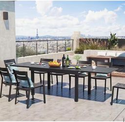 8pcs chair+106.2 in. Extra Large Extendable Outdoor Dining Table for 8-10 People Rectangular Aluminum Patio Furniture in Black