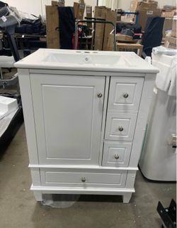 Assembled New  24" Bathroom Vanity with Ceramic Sink & 3 Drawers Bathroom Cabinet w/ Storage Shelf