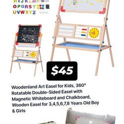 Art Easel for Kids, 360° Rotatable Double-Sided Easel with Magnetic Whiteboard and Chalkboard, Wooden Easel for 3,4,5,6,7,8 Years Old Boy & Girls