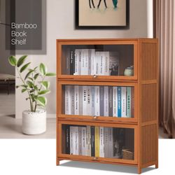 New Bamboo Bookcase with 3-Tier Acrylic Doors, Freestanding Storage Stand for Living Room, Office, Bedroom, Brown  New in box A01A4A015A9 *  * Materia