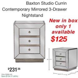 New in box baxton studio 3 drawer mirror nightstand only 1 available $125 cash only east Palmdale 