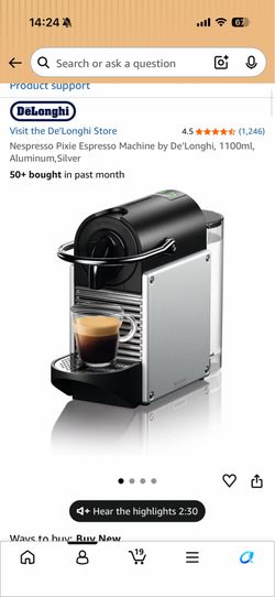 Nespresso Pixie Espresso Machine by De'Longhi, 1100ml, Aluminum,Silver