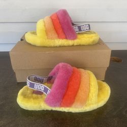 UGG Fluff Yeah Slide Yellow Rainbow' SZ. 6