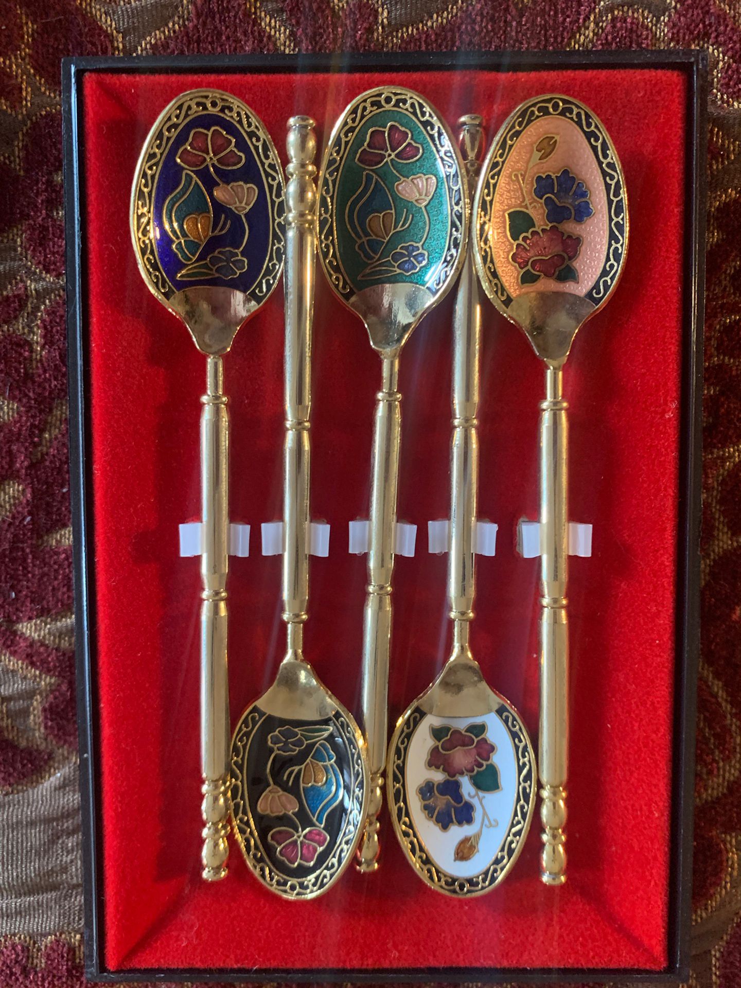 5- Vintage Cloisonné Spoons In 24k Plated Gold With Enameled Victorian Floral