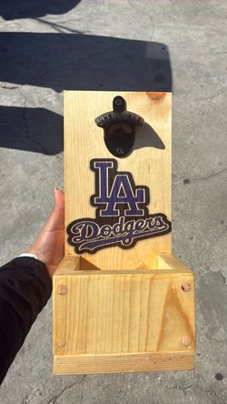 LA Dodgers Wooden Wall Bottle Opener with Cap Catcher