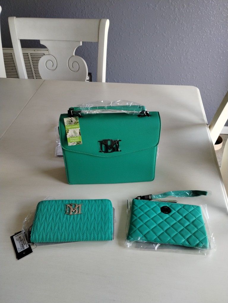 3 Piece Badgley Mischka Teal-Green Satchel Crossbody & Wallet Wristlet