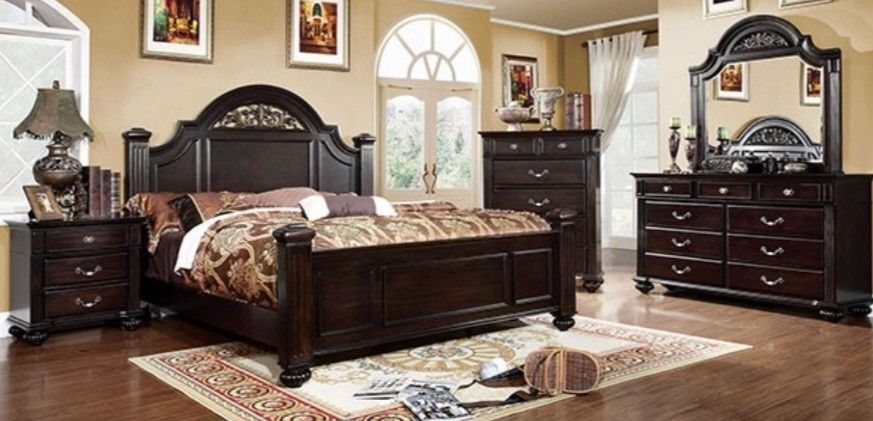 Brand New Dark Walnut 4pc Queen Bedroom (Available In California & Eastern King)