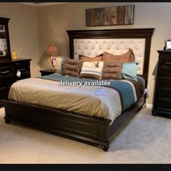 Dark Walnut 6 Piece Upholstered Queen Bedroom Set 💥 Brand New👍 Fastest Delivery 🚚  $39 Down Payment ✅