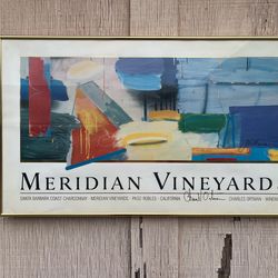 Modern gold frame under glass, Meridian vineyards event, advertisement, vintage advertisement