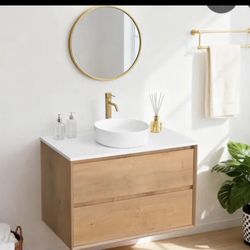 Sylphar 36 inch Toffee Oak Floating Bathroom Vanity with White Quartz Top