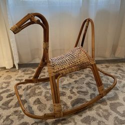 Rocking horse MCM boho Rattan and wicker vintage toy photo prop nursery decor toddlers little kids