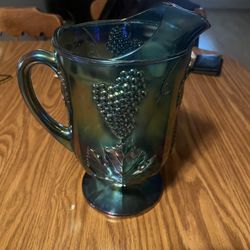 Vintage Indiana  Blue Grape Carnival Glass Pitcher - Harvest Grapes