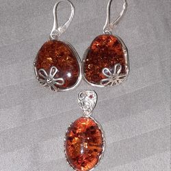 Sterling Silver Amber Earrings And Necklace Set
