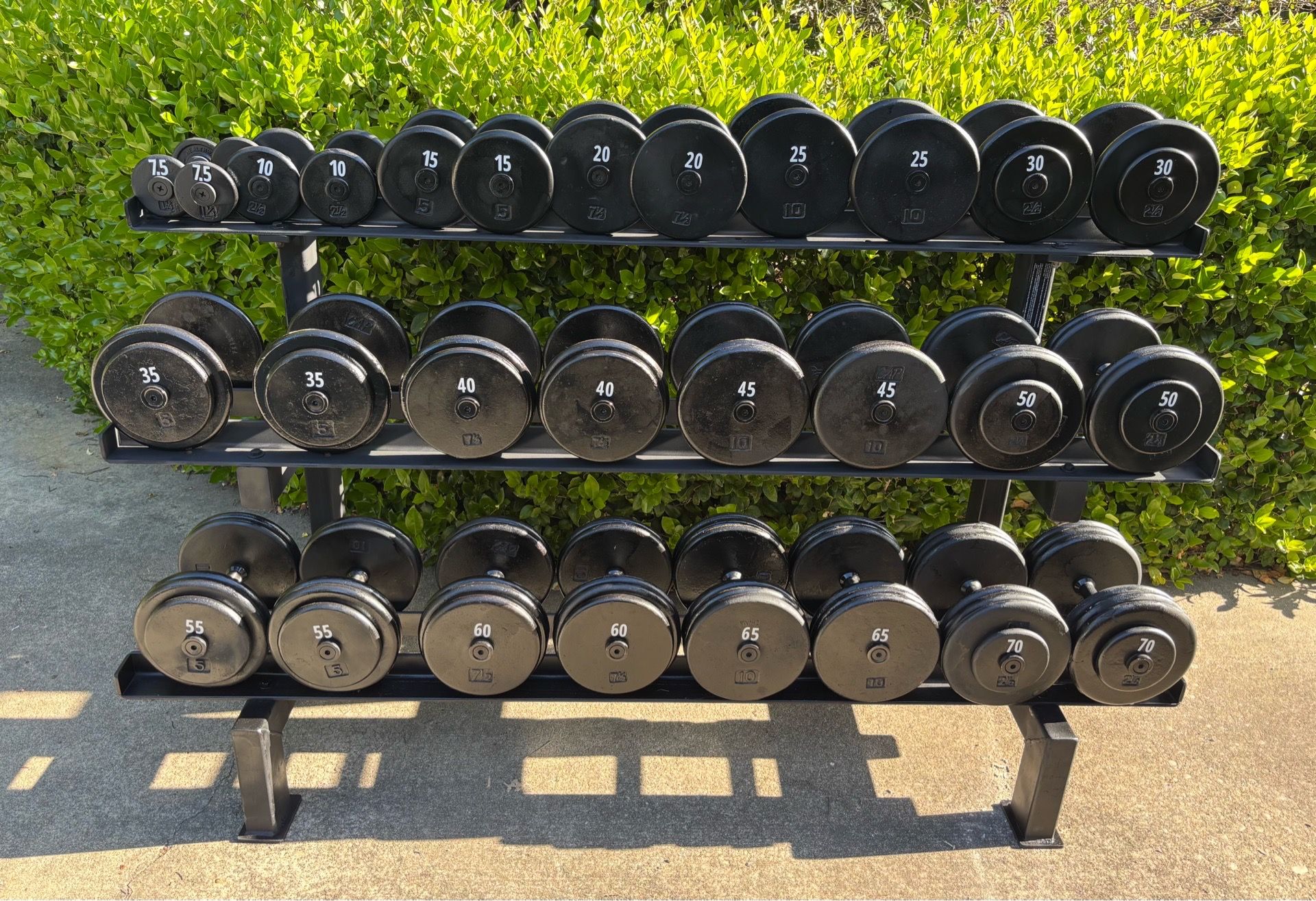 Complete Commercial Grade Dumbbell Weight Set w/ 3-Tier Rack (7.5lbs-70lbs)