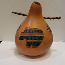 Vintage Tribal Hand Carved And Handpainted Gourd Nest Bear Themed