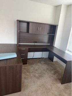 Bestar desk, lockable filing cabinet, and bookshelf