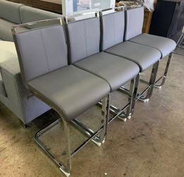 New assembled Bar Stools Set of 4,Counter Height Bar Stools with Backs,Grey Barstools with Chrome Plated Metal Leg,Upholstered Leather Counter Stools 