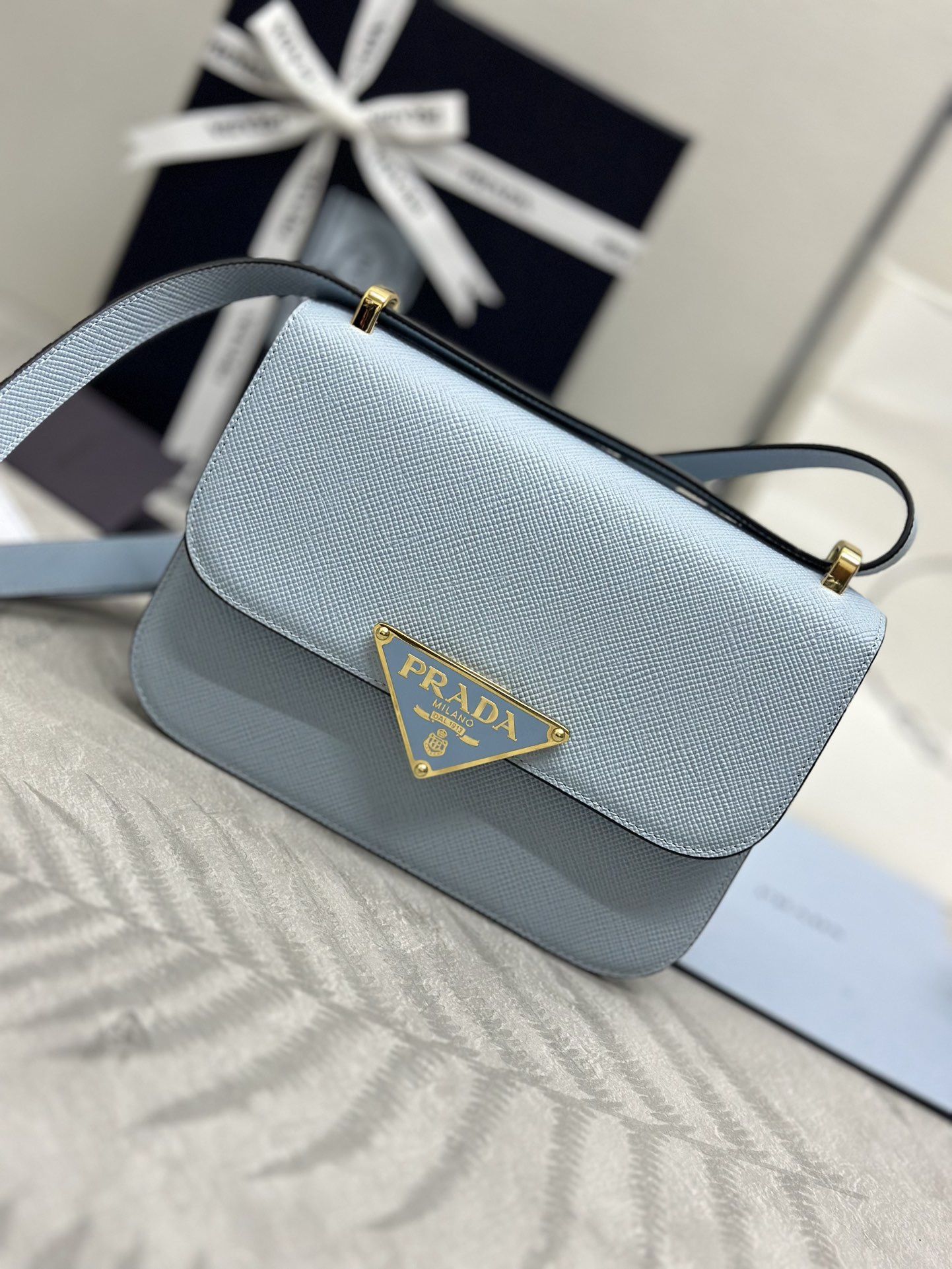 Saffiano Cuir Triangle Embleme Flap Shoulder Bag Celeste