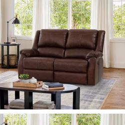 Jackson 59 in. W Rolled Arm Leather Upholstered 2-Seater Rectangle Push Back Recliner Loveseat in Brown