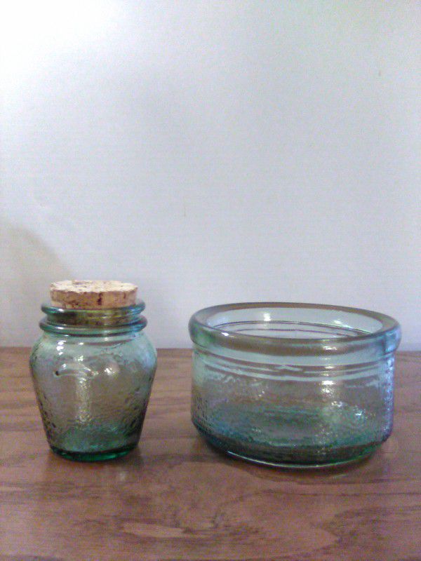 Clear Glass Tinted Green Dimpled Bowl & Jar / Cork