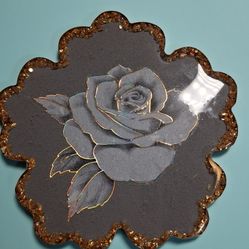 Hand crafted and designed One-of-a-kind coaster set (Grey, white flowers & gold glass edge)