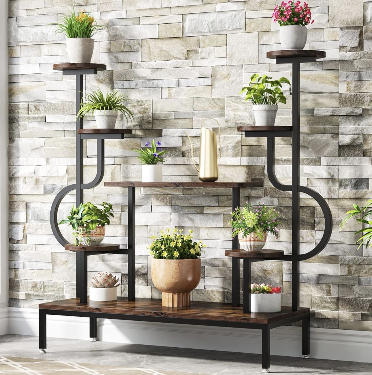 New assembled 8-Tier Metal Plant Stand, Large Tall Plant Shelf for Multiple Plants, Round & Square Boards, Wood Indoor Ladder Holder Flower Rack for L