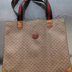 Gucci vintage GG PVC tan tote bag with red & green web handles