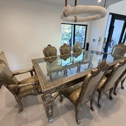 Luxury Ornate Glass Top Dining Table Set – 8 Chairs – Antique Gold Finish