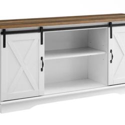  Walker Edison - Rustic Farmhouse Sliding Door TV Stand for Most Flat-Panel TV's up to 78" - Rustic Oak/Brushed White