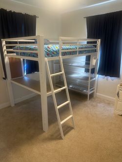 White Loft Bed with Desk and Shelves