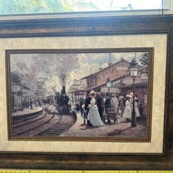 Large Gorgeous Vintage Framed Train Station Print – 45” x 34”