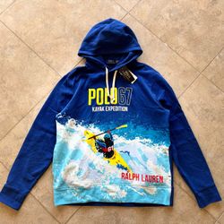NWT POLO RALPH LAUREN Mens Blue Kayak Polo 67 Expedition Graphic Fleece Hoodie L