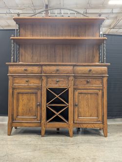Thomasville Rustic Wood and Dark Metal Hutch Cabinet with Wine Rack