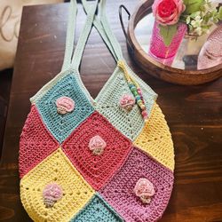 Handmade Mushroom Granny Square Crochet Bag. 