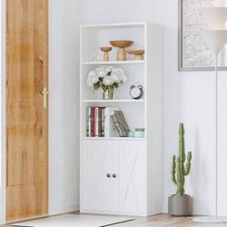 5-Tier Bookshelf, 11.8in Depth Bookcase with Doors Industrial Bookshelf with Sto